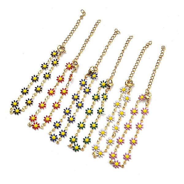 

PandaHall Ion Plating(IP) Golden 304 Stainless Steel Flower Link Chain Bracelets with Enamel, Mixed Color, 6-1/2 inch(16.5cm) 304 Stainless..., Multicolor