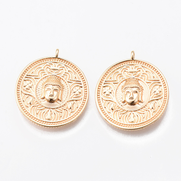 

PandaHall Brass Pendants, Nickel Free, Flat Round with Buddha Hand, Real 18K Gold Plated, 28x25x4mm, Hole: 1.8mm Brass Flat Round