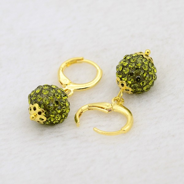 

PandaHall Dangling Round Ball Resin Rhinestone Earrings, with Golden Plated Brass Leverback Hoop Earring Settings, Olivine, 30mm, Pin: 1mm..., Green