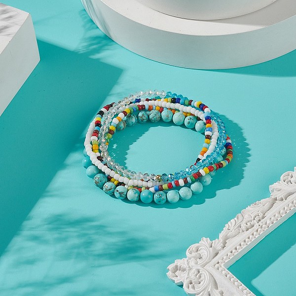

PandaHall Faceted Glass & Synthetic Turquoise(Dyed) Stretch Beaded Bracelets Sets, Bohemia Seed Beads Bracelets for Women, Inner Diameter..., Cyan