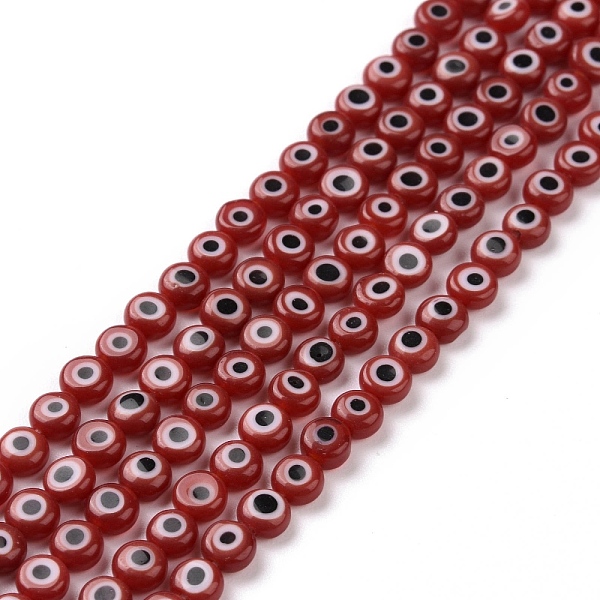 

PandaHall Handmade Lampwork Beads, Flat Round with Evil Eye, Dark Red, 4.5x2.5mm, Hole: 0.6mm, about 90~100pcs/strand, 15.35''~15.75''...