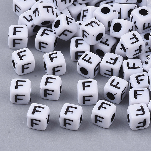 

PandaHall White Opaque Acrylic Beads, Horizontal Hole, Cube with Black Alphabet, Letter.F, 4~5x4~5x4~5mm, Hole: 1.8mm, about...