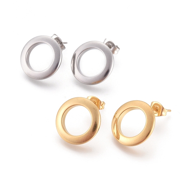 PandaHall 304 Stainless Steel Stud Earrings, Hypoallergenic Earrings, with Ear Nuts, Ring, Mixed Color, 15x2.5mm, Pin: 0.6mm, 6pairs/card...