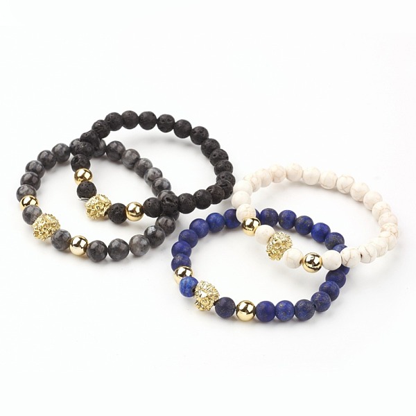 

PandaHall Natural & Synthetic Mixed Gemstone Beaded Stretch Bracelets, with Alloy Finding, Lion Head, Golden, 2-1/4 inch(55.5mm) Mixed Stone