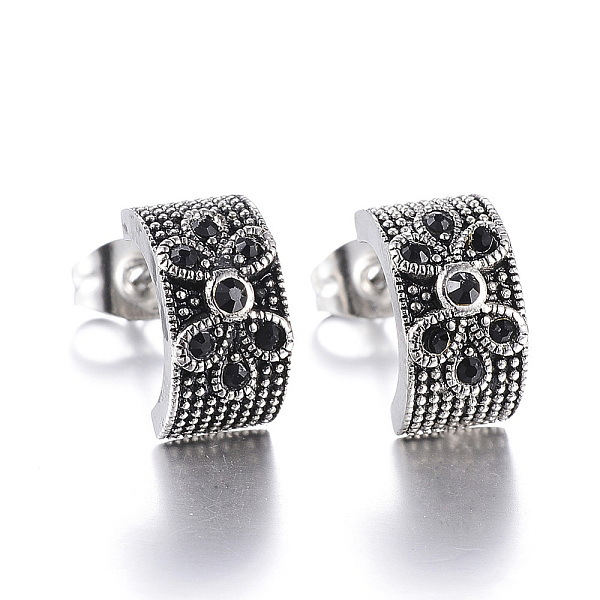 

PandaHall 316 Surgical Stainless Steel Stud Earrings, with Rhinestones, Antique Silver, 12x6x8mm, Pin:0.8mm Rhinestone Black