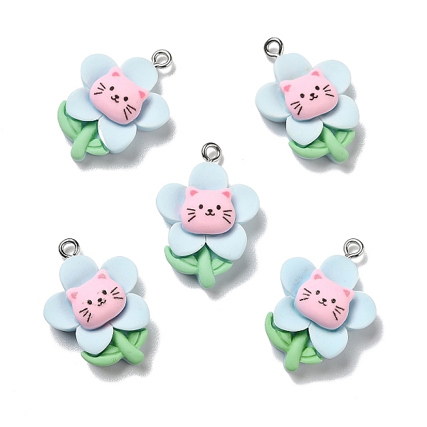 

PandaHall Opaque Resin Pendants, with Platinum Tone Iron Loops, Flower with Cat, Light Cyan, 26.5x19x8mm, Hole: 2mm Iron+Resin Flower