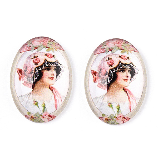 

PandaHall Glass Cabochons, with European Style Pattern, Oval, Pink, 25x18x6mm Glass Oval Pink