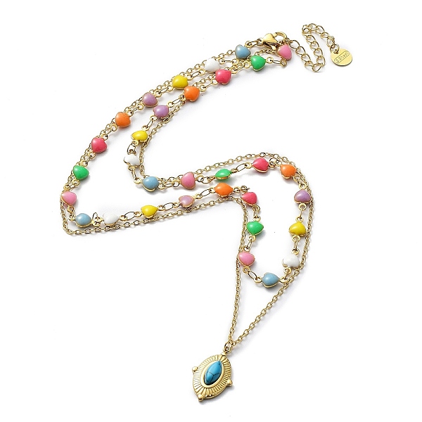 

PandaHall Ion Plating(IP) 304 Stainless Steel Cable & Enamel Heart Link Chains Double Layer Necklace, Synthetic Turquoise Oval Pendant...