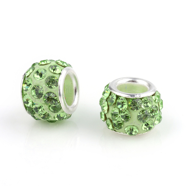 

PandaHall Polymer Clay Rhinestone European Beads, Large Hole Beads, Rondelle, with Silver Color Plated Brass Cores, Peridot, 10~12x7~8mm..., Green