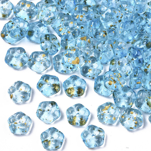 

PandaHall Spray Painted Glass Beads, with Gold Foil, Flower, Light Sky Blue, 6x3mm, Hole: 0.9mm Glass Flower