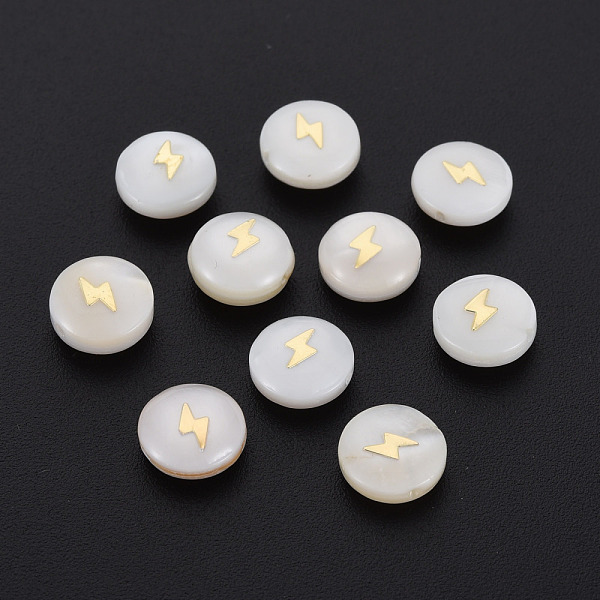 

PandaHall Natural Freshwater Shell Beads, with Golden Plated Brass Metal Embellishments, Flat Round with Lightning, Seashell Color, 8x4.5mm...
