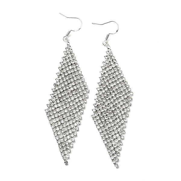 

PandaHall Crystal Rhinestone Rhombus Dangle Earrings, Brass Long Drop Earrings for Women, Platinum, 93mm, Pin: 0.7mm Rhinestone Clear