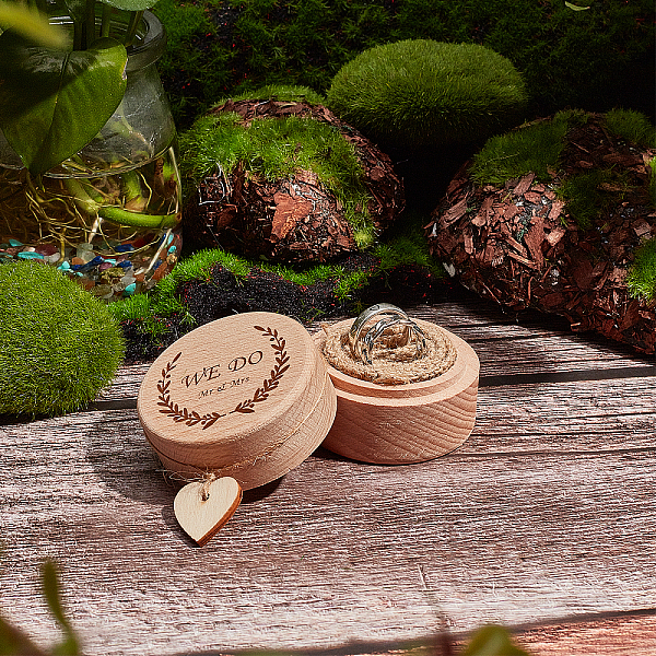 

PandaHall Engraved Wood Ring Boxes, with PVC Ramie Cotton Fabric and Heart Pendant, Jewelry Box, Round with Word We Do, BurlyWood, 5.3x4cm..., Orange