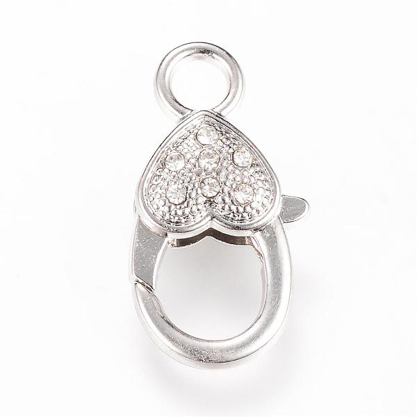 

PandaHall Alloy Rhinestone Lobster Claw Clasps, Heart, Platinum, 26.5~27x14x6.5mm, Hole: 4mm Alloy+Rhinestone Heart