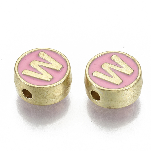 

PandaHall Alloy Enamel Beads, Cadmium Free & Nickel Free & Lead Free, Flat Round with Initial Letters, Light Gold, Letter.W, 8x4mm, Hole..., Pink