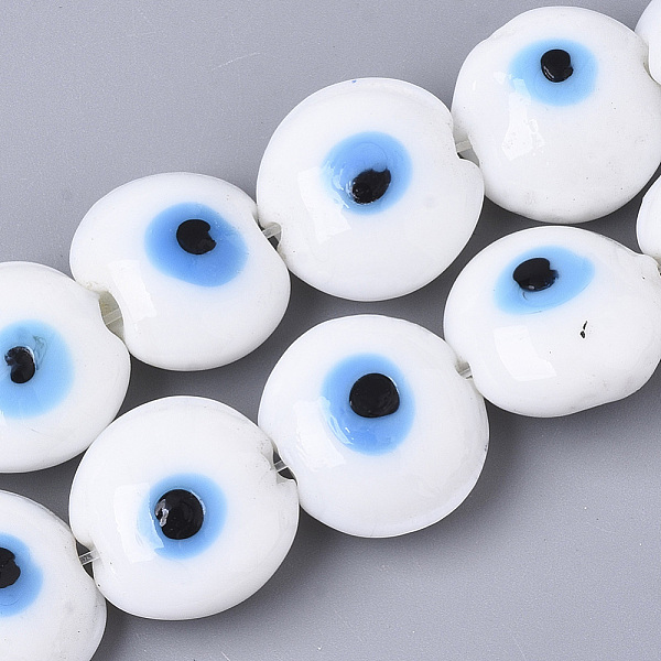 

PandaHall Handmade Evil Eye Lampwork Beads Strands, Flat Round, White, 16~17x8~9mm, Hole: 1.8mm, about 24pcs/strand, 12.60''(32cm) Lampwork...
