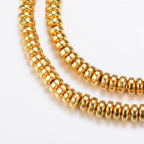 

PandaHall Electroplate Non-magnetic Synthetic Hematite Bead Strands, Rondelle, Golden Plated, 6x3mm, Hole: 1mm, about 125~133pcs/strand...