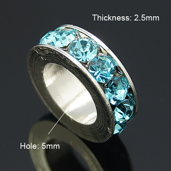 

PandaHall Brass Rhinestone Spacer Beads, Grade A, Platinum Metal Color, Aquamarine, 8x2.5mm, Hole: 5mm Brass+Rhinestone Flat Round Cyan