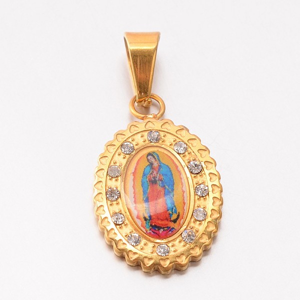 

PandaHall Holy Jewelry 304 Stainless Steel Flat Oval with Virgin Mary Pendants, with Crystal Rhinestones, Paper and Epoxy, Golden, 21x13x2mm..., Clear