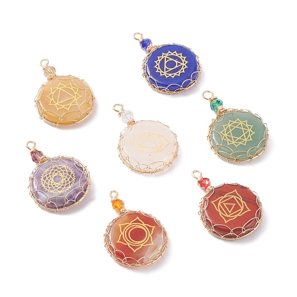 

PandaHall Natural & Synthetic Pendants, with Glass Beads and Light Gold Tone Brass Findings, Flat Round with Chakra Pattern, 42x27x6mm, Hole...
