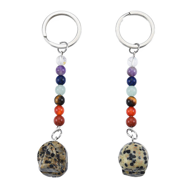 

PandaHall Natural Dalmatian Jasper Skull Pendant Keychain, Rainbow 7 Chakra Gemstone Beaded Yoga Keychain, for Women's Girls Healing...