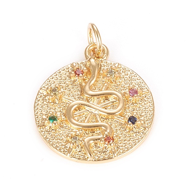 

PandaHall Brass Micro Pave Cubic Zirconia Pendants, Flat Round with Snake, Colorful, Real 18K Gold Plated, 20x17x2mm, Hole: 3mm, Jump Ring...