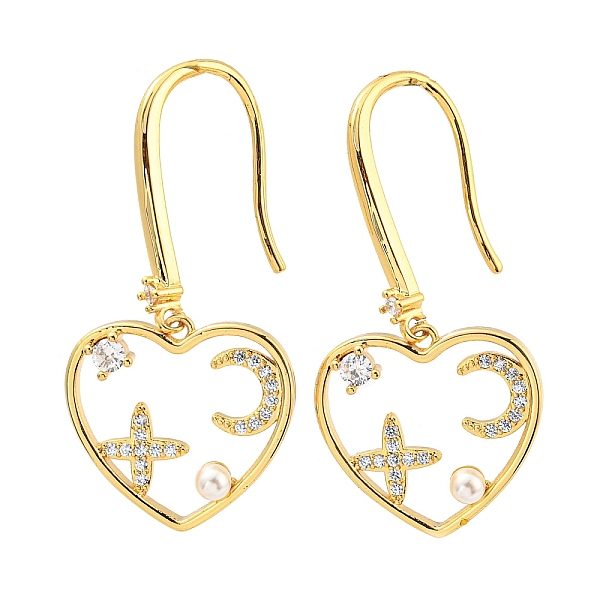 

PandaHall Cubic Zirconia Heart with Star Dangle Earrings with Plastic Pearl Beaded, Real 18K Gold Plated Brass Earrings, Cadmium Free & Lead..., Clear