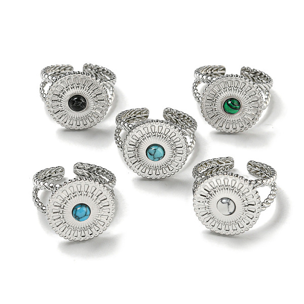 

PandaHall 304 Stainless Steel Open Cuff Rings, Synthetic Malachite & Turquoise Flat Round Finger Rings for Women Men, Stainless Steel Color...