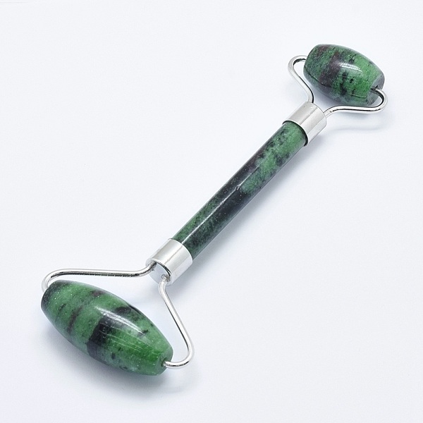 PandaHall Natural Ruby in Zoisite Brass Face Massager, Facial Rollers, Platinum, 142~150x54~58x19~22mm Ruby in Zoisite Others
