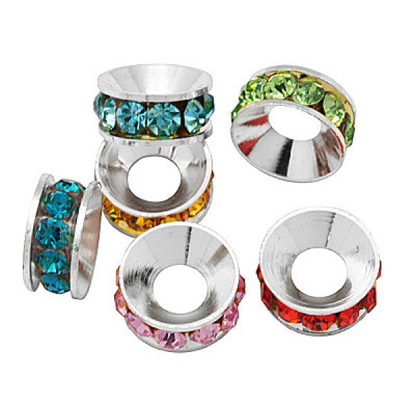 

PandaHall Brass Rhinestone Spacer Beads, Grade A, Rondelle, Silver Color Plated, Mixed Color, 9x4mm Brass+Rhinestone Rondelle Multicolor