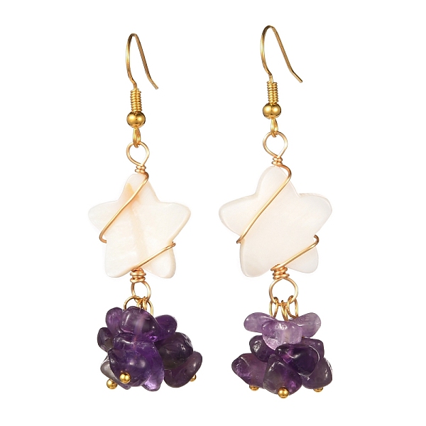 

PandaHall Star with Cluster Chip Beads Long Dangle Earrings, Wire Wrap Natural Shell & Amethyst Beads Earrings for Girl Women, Golden...
