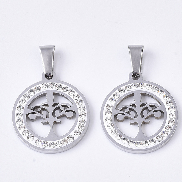 

PandaHall 201 Stainless Steel Pendants, with Random Size Snap On Bails and Polymer Clay Crystal Rhinestones, Flat Round with Tree, Stainless..., Clear