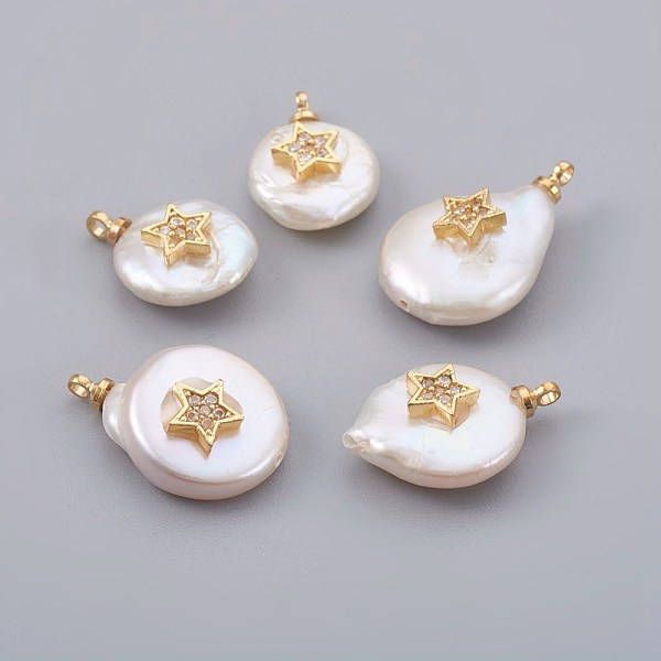 

PandaHall Natural Cultured Freshwater Pearl Pendants, with Cubic Zirconia and Brass Findings, Long-Lasting Plated, Star, Real 18K Gold..., White