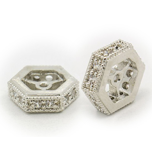 

PandaHall Brass Cubic Zirconia Beads, Hexagon, Platinum, 6x6x2mm, Hole: 2mm Brass+Cubic Zirconia Hexagon