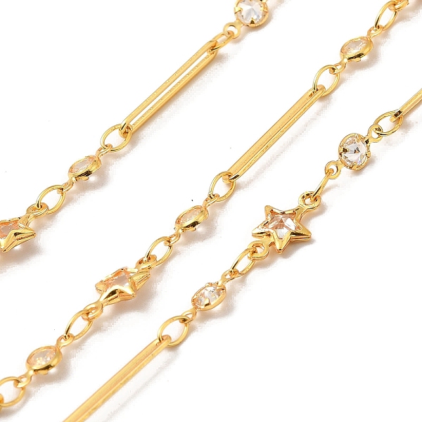 

PandaHall Handmade Brass Link Chain, with Glass Links, Soldered, with Spool, Star, Real 18K Gold Plated, 3.5x2x0.1mm and 15x2.5x0.9mm and..., Clear