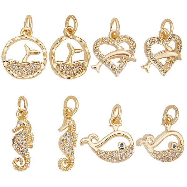 

PandaHall Beebeecraft 16Pcs 4 Style Ocean Theme Brass Micro Pave Clear Cubic Zirconia Charms, with Jump Ring, Whale & Dolphin & Sea Horse...