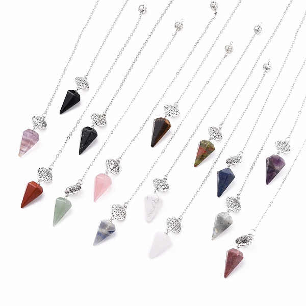 

PandaHall Natural & Synthetic Mixed Stone Hexagonal Pointed Dowsing Pendulums, with Platinum Plated Brass Findings, Life of Flower & Cone...