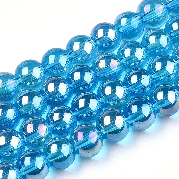 

PandaHall Electroplate Transparent Glass Beads Strands, AB Color Plated, Round, Deep Sky Blue, 8~8.5mm, Hole: 1.5mm, about 51~53pcs/strand...