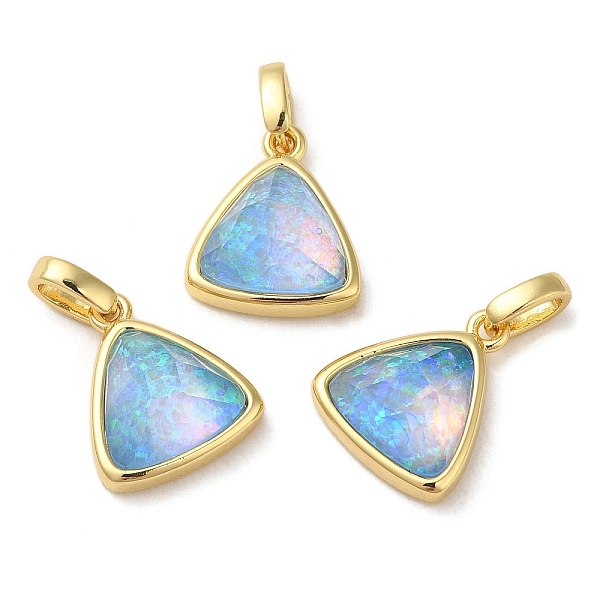 

PandaHall Rack Plating Brass with Synthetic Opal Pendants, Triangle, Light Sky Blue, 15x12.5x6mm, Hole: 5mm Brass Triangle