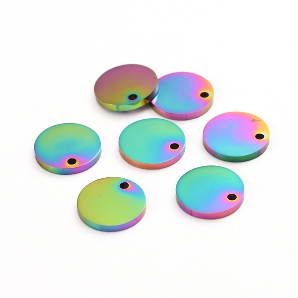 

PandaHall Ion Plating(IP) 304 Stainless Steel Charms, Polished, Stamping Blank Tag, Laser Cut, Flat Round, Rainbow Color, 8x1mm, Hole: 0.8mm...