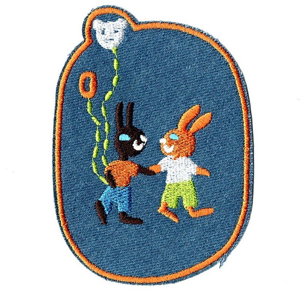 PandaHall Bunny Computerized Embroidery Cloth Iron on/Sew on Patches, Costume Accessories, Oval with Rabbit & Balloons, Steel Blue...