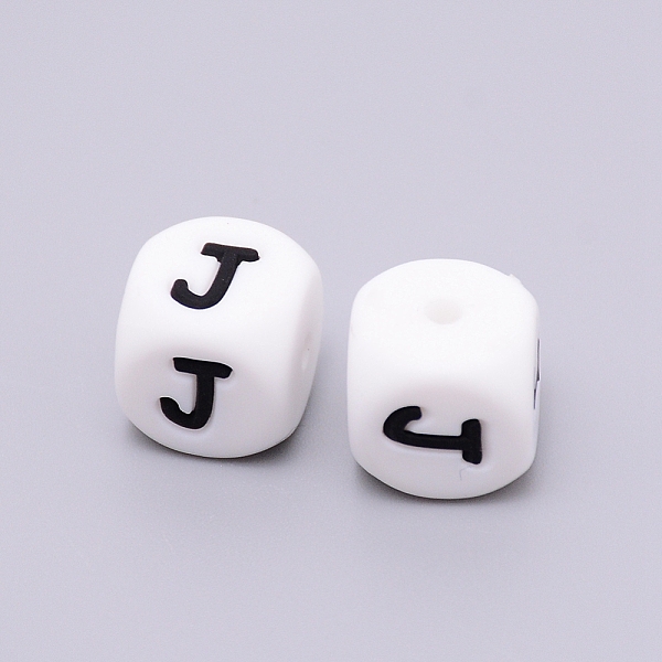 

PandaHall Silicone Beads, Cube with Letter.J, White, 12x12x12mm, Hole: 2mm Silicone Cube White