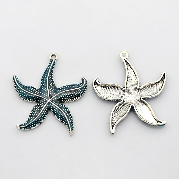 

PandaHall Antique Silver Tone Alloy Enamel Big Pendants, Starfish/Sea Stars, Steel Blue, 50x43x4.5mm, Hole: 3mm Alloy+Enamel Starfish Blue