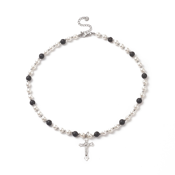

PandaHall Alloy Crucifix Cross Pendant Necklace, Natural Lava Rock & Shell Pearl Beaded Chains Necklace for Women, White, 17.05 inch(43.3cm)...