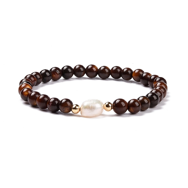 

PandaHall Round Dyed Natural Freshwater Shell Stretch Beaded Bracelets, with Natural Pearl and Brass Beads, Golden, Coconut Brown, Inner...