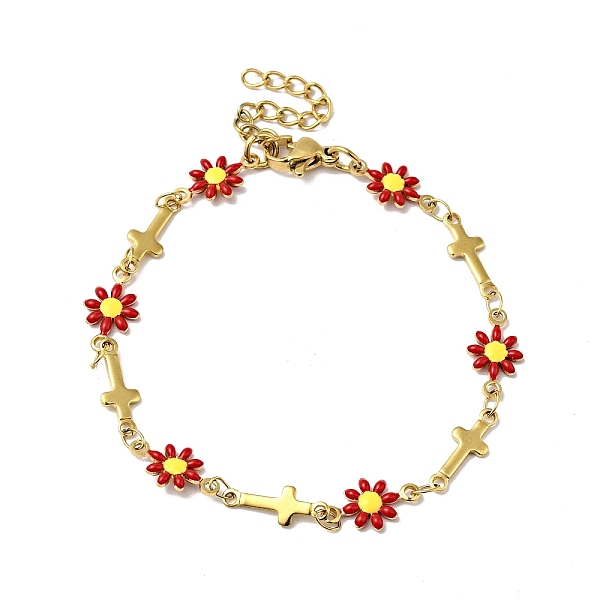 

PandaHall Enamel Flower & Cross Link Chain Bracelet, Gold Plated 304 Stainless Steel Jewelry for Women, Red, 6-5/8 inch(16.9cm) 304...