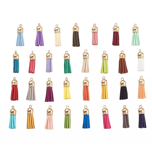 

PandaHall 60Pcs 30 Colors Faux Suede Tassel Pendant Decorations, with CCB Plastic Cord Ends, Light Gold, 33~35x10mm, Hole: 2.5mm, 2pcs/color..., Multicolor