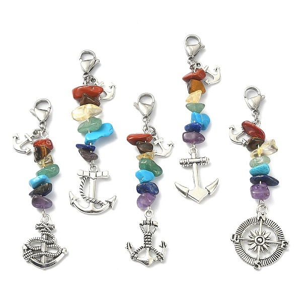 

PandaHall Anchor & Helm Tibetan Style Alloy Pendant Decorations, with Chakra Gemstone Chips and Lobster Claw Clasps Charm , 75~80mm Mixed...