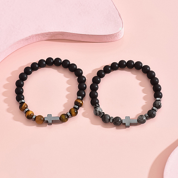 

PandaHall 2Pcs 2 Style Natural Mixed Beaded Stretch Bracelets Set, Synthetic Hematite Cross Couple Bracelets, Inner Diameter: 2-3/8~3-1/8...