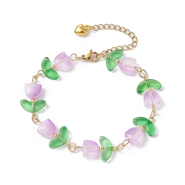 

PandaHall Glass Tulip Flower Beaded Bracelet with 304 Stainless Steel Clasps, Lilac, 7-5/8 inch(19.5cm) Glass Flower Purple